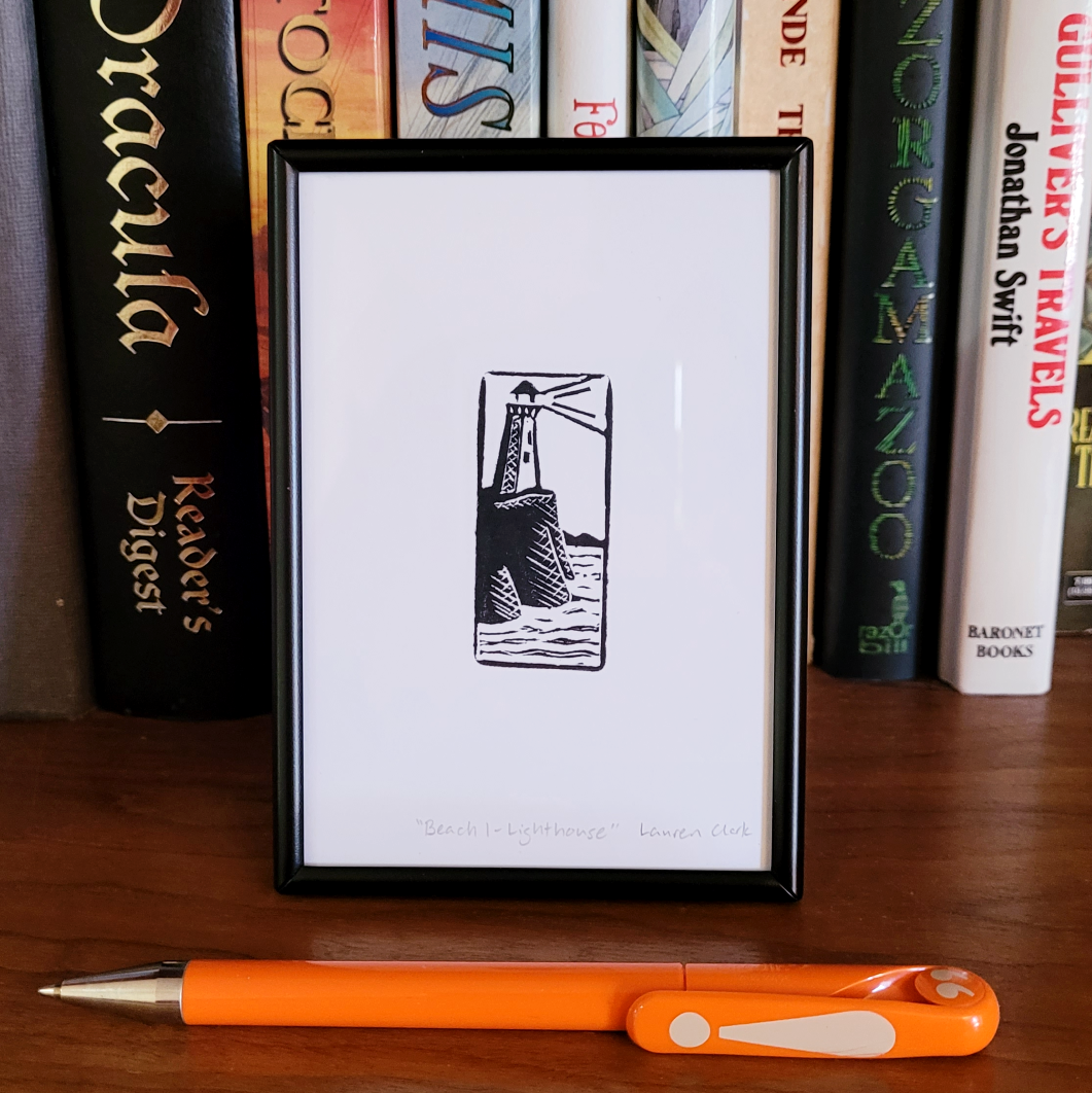 "Beach 1 - Lighthouse" Eraser Stamp Block Print