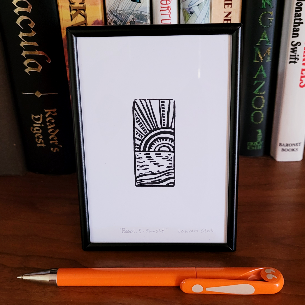 "Beach 3 - Sunset" Eraser Stamp Block Print