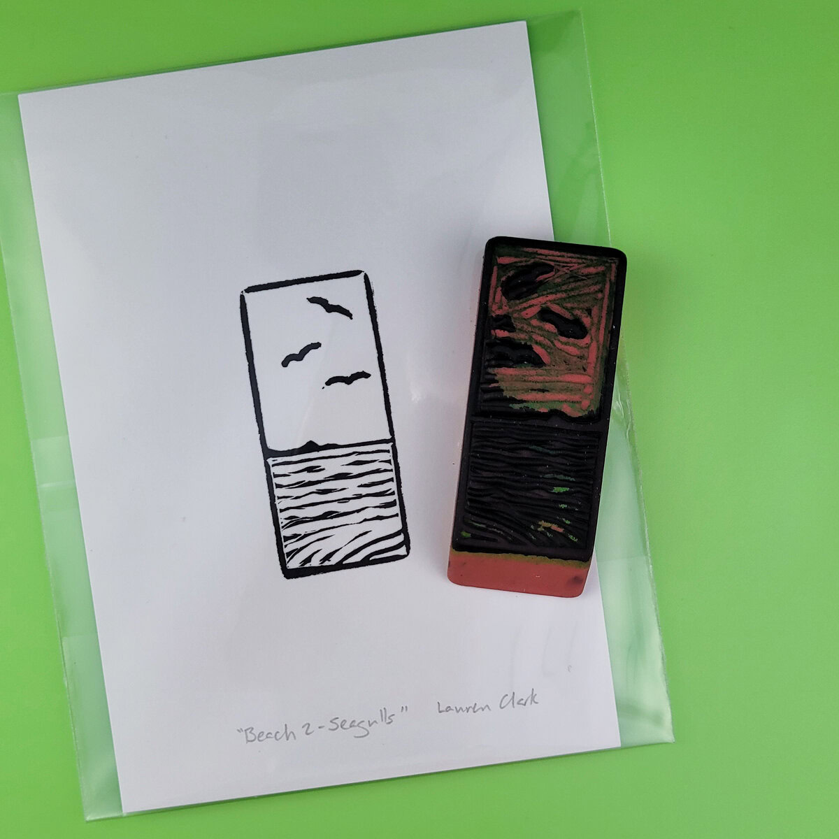 "Beach 2 - Seagulls" Eraser Stamp Block Print