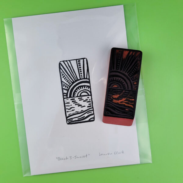 "Beach 3 - Sunset" Eraser Stamp Block Print