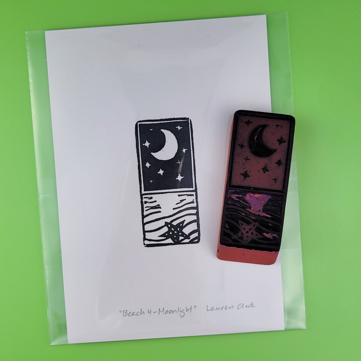 "Beach 4 - Moonlight" Eraser Stamp Block Print